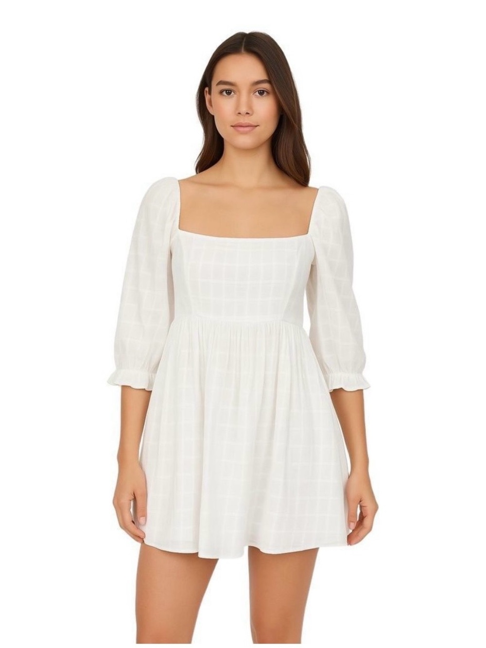 Mable White Plaid Putt Sleeve Babydoll Fit Flare , sz : small